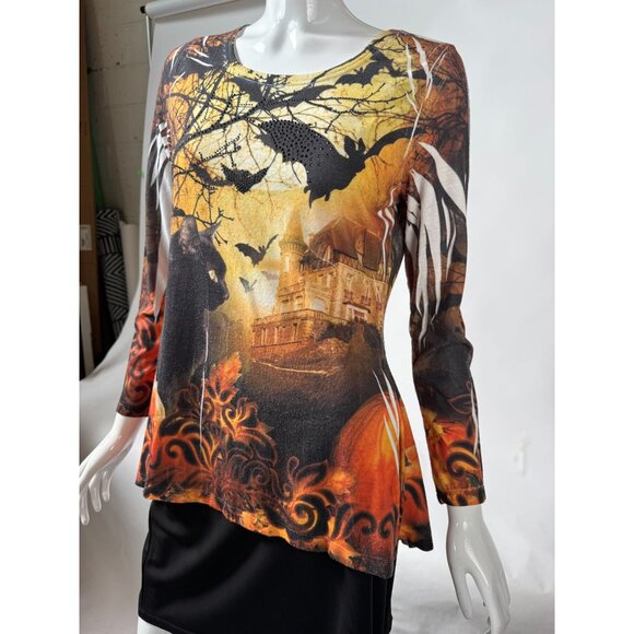 Halloween Castle & Cat Print Long Sleeve Tunic Top - Picture 11 of 16